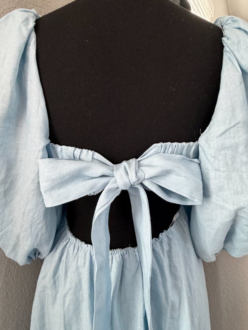 MABLE Scalloped Blue Linen Midi Dress Puff Sleeves Small - Picture 11 of 14